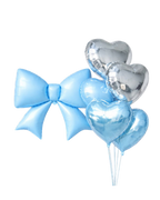 Blue bow-shaped balloon and silver heart-shaped balloons on a white background