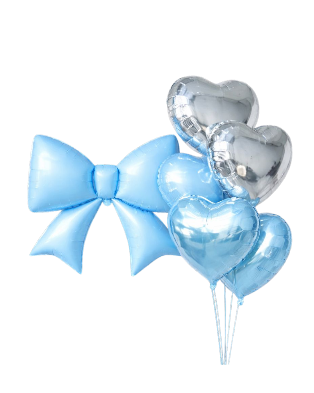 Blue bow-shaped balloon and silver heart-shaped balloons on a white background